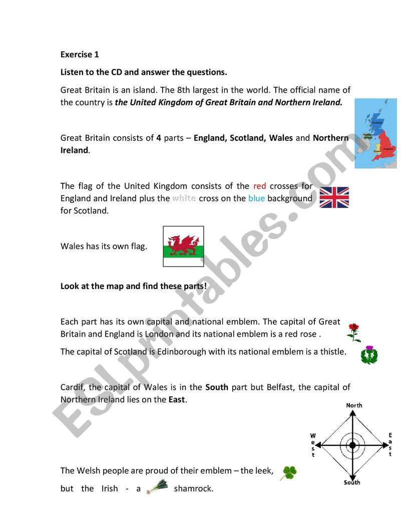 UK, its parts and symbols worksheet