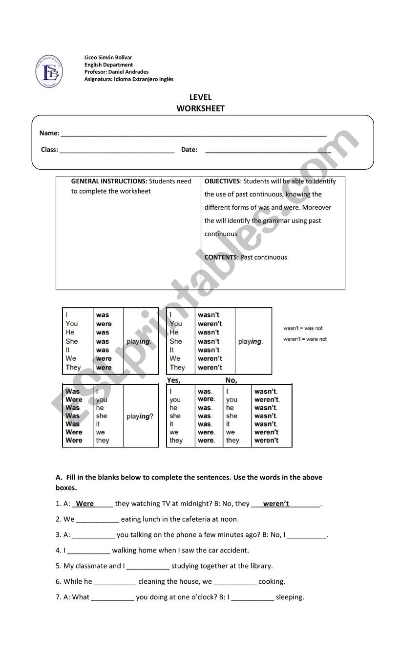 Past COntinuous Grammar worksheet