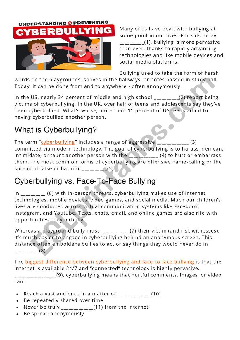 CYBERBULLYING (reading comprehension, gap fill)