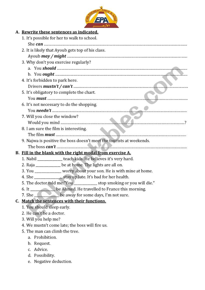 Modals in the present worksheet