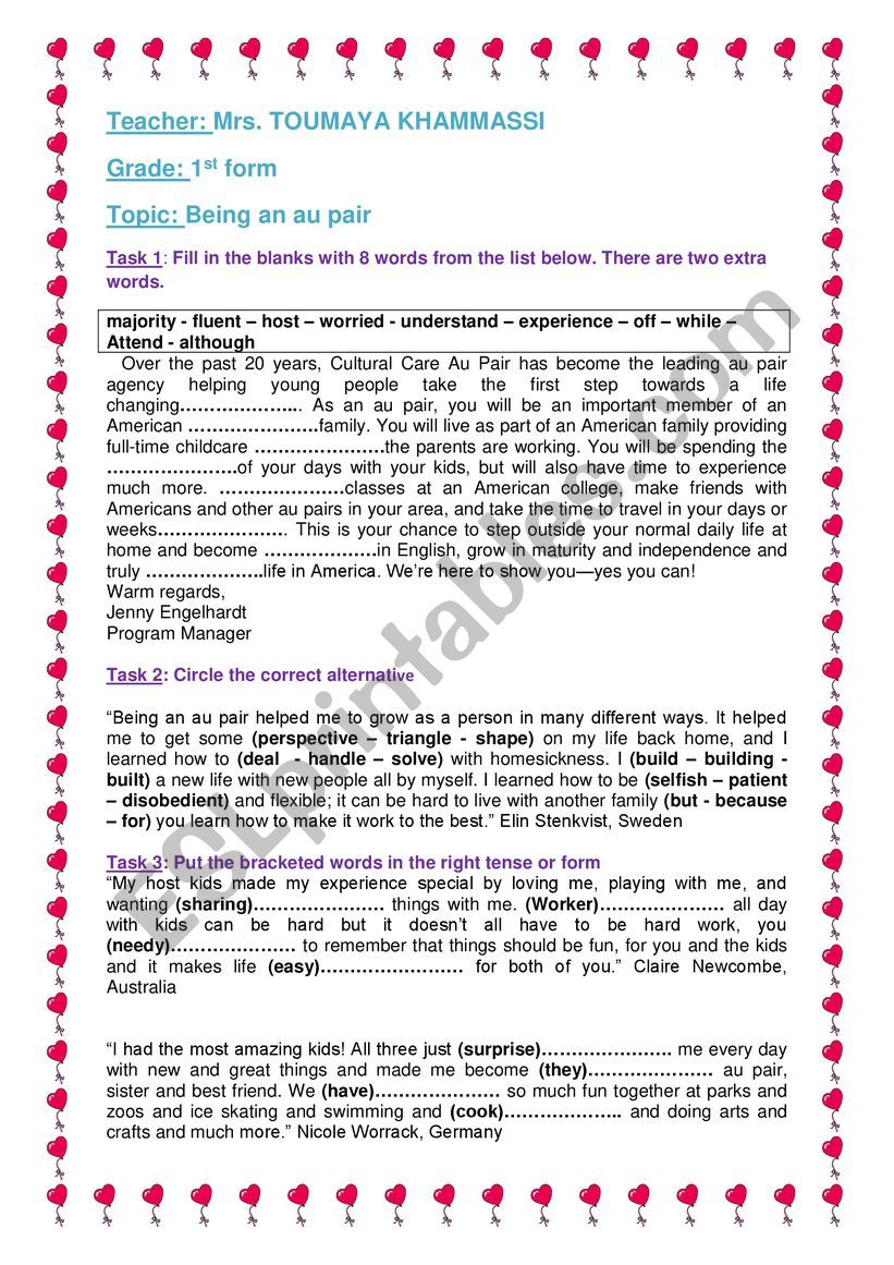 Being an au pair worksheet