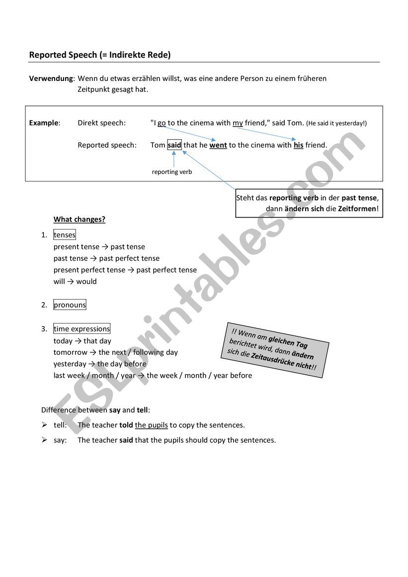 reported speech statement worksheet