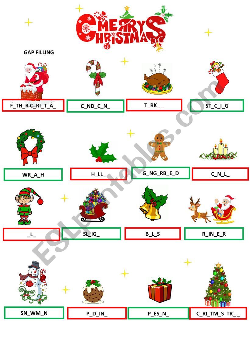 Xmas filling gap worksheet