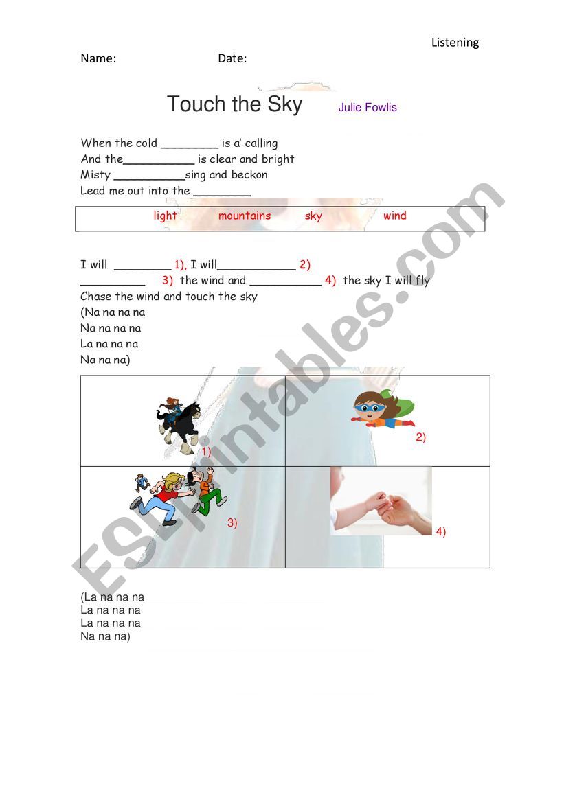 TOUCH THE SKY SONG worksheet