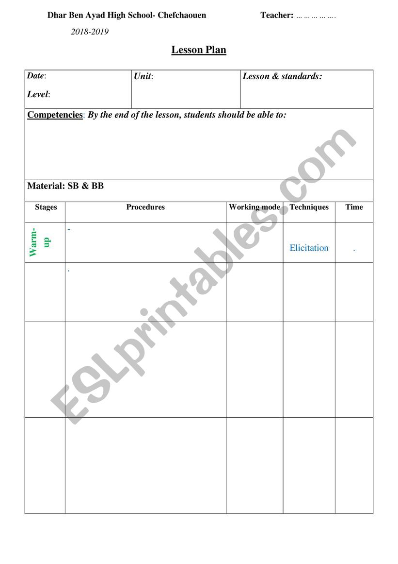 Lesson plan sample worksheet
