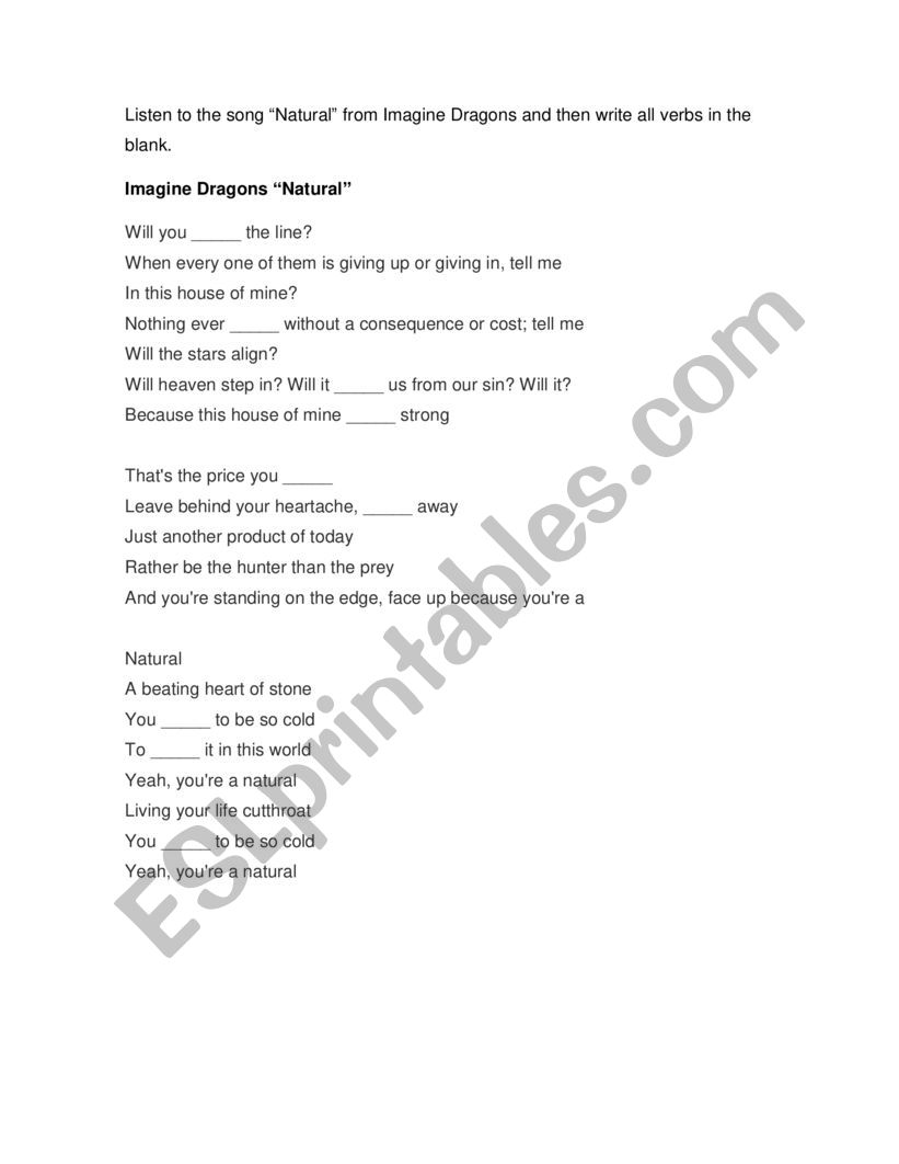 Verbs from a song worksheet