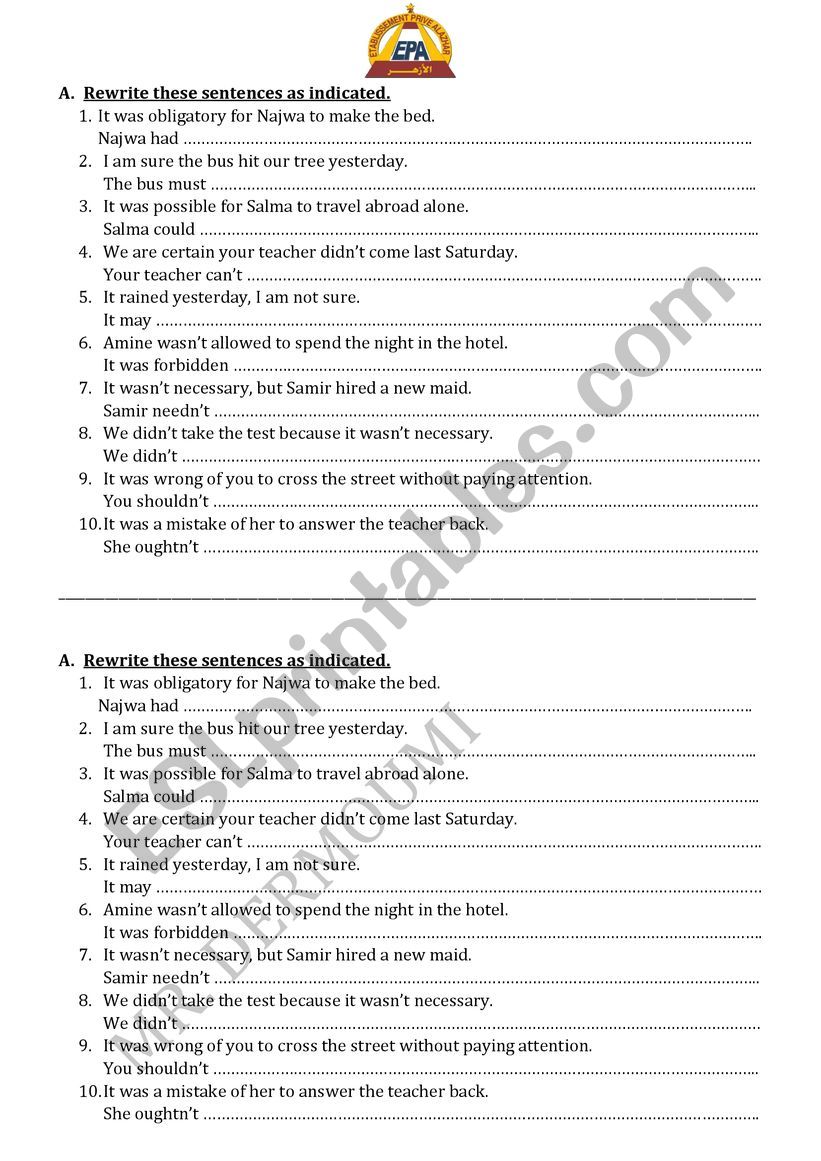 modals in the past worksheet