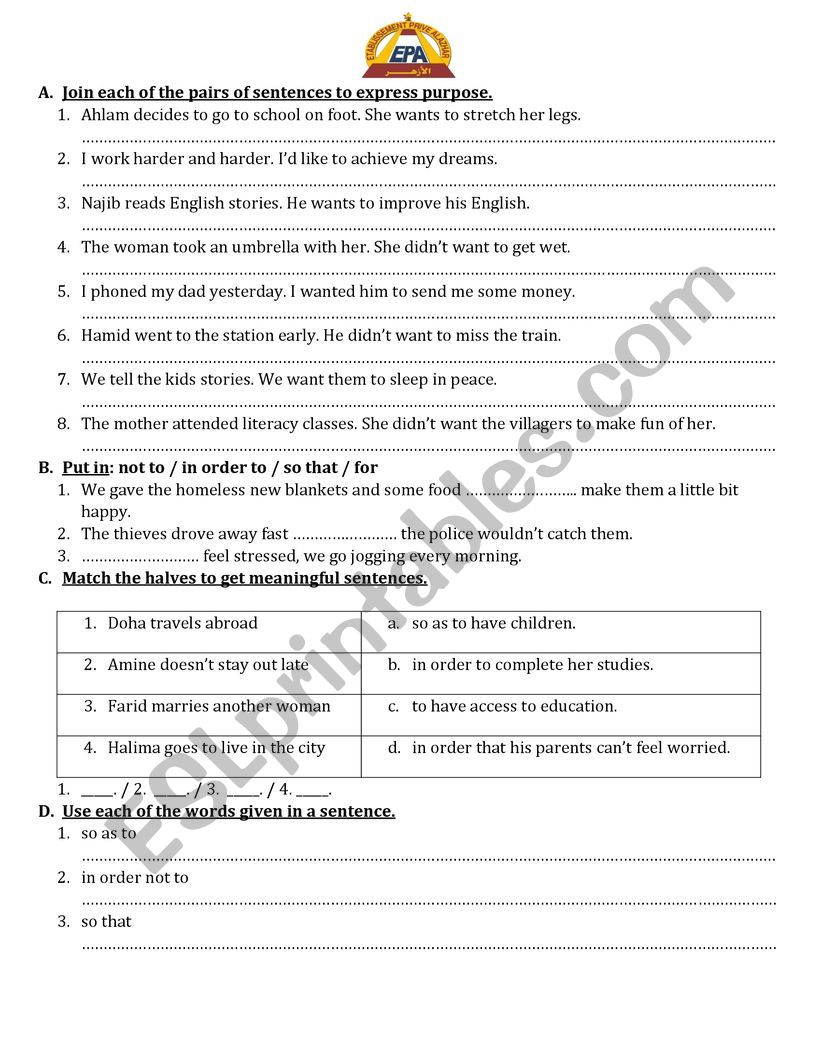 Expressing purpose worksheet