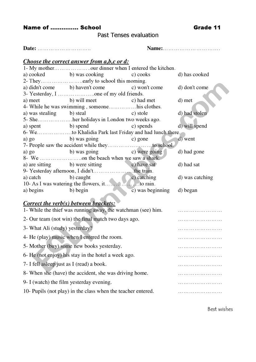 Past tenses test worksheet