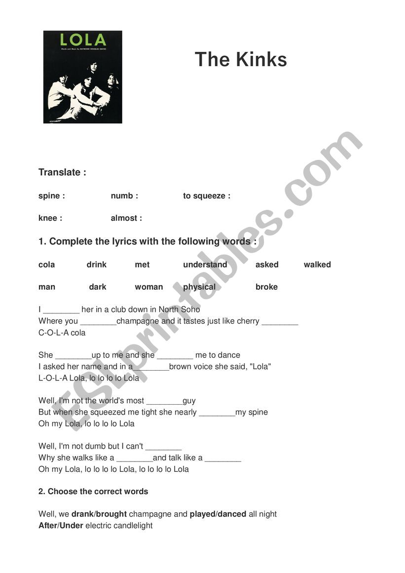 Song - LOLA by the Kinks worksheet