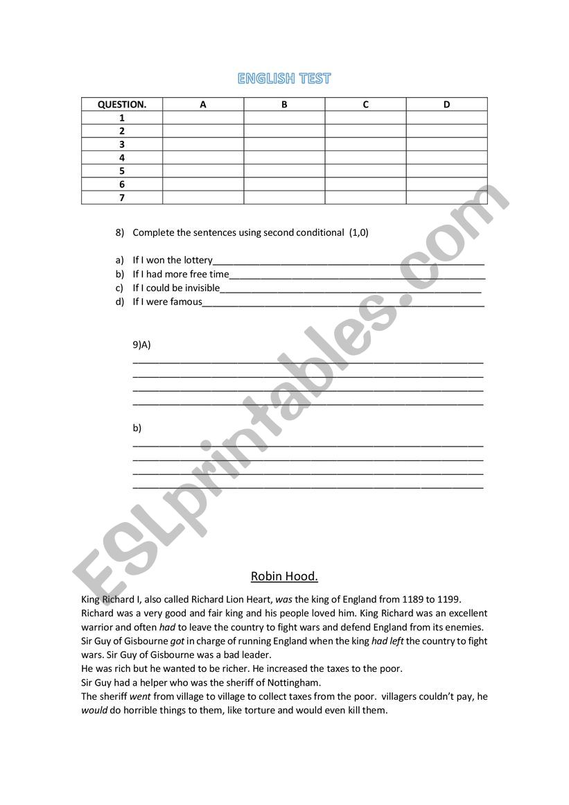 english test - high school worksheet