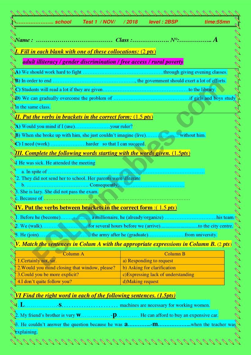 Grammar test (adapted ) worksheet