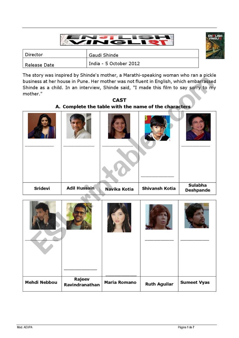 English Vinglish worksheet