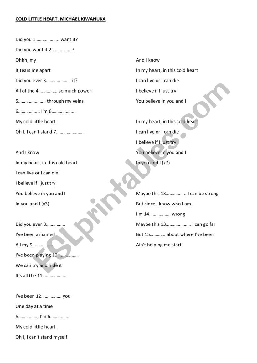 SONG: COLD LITTLE HEART worksheet