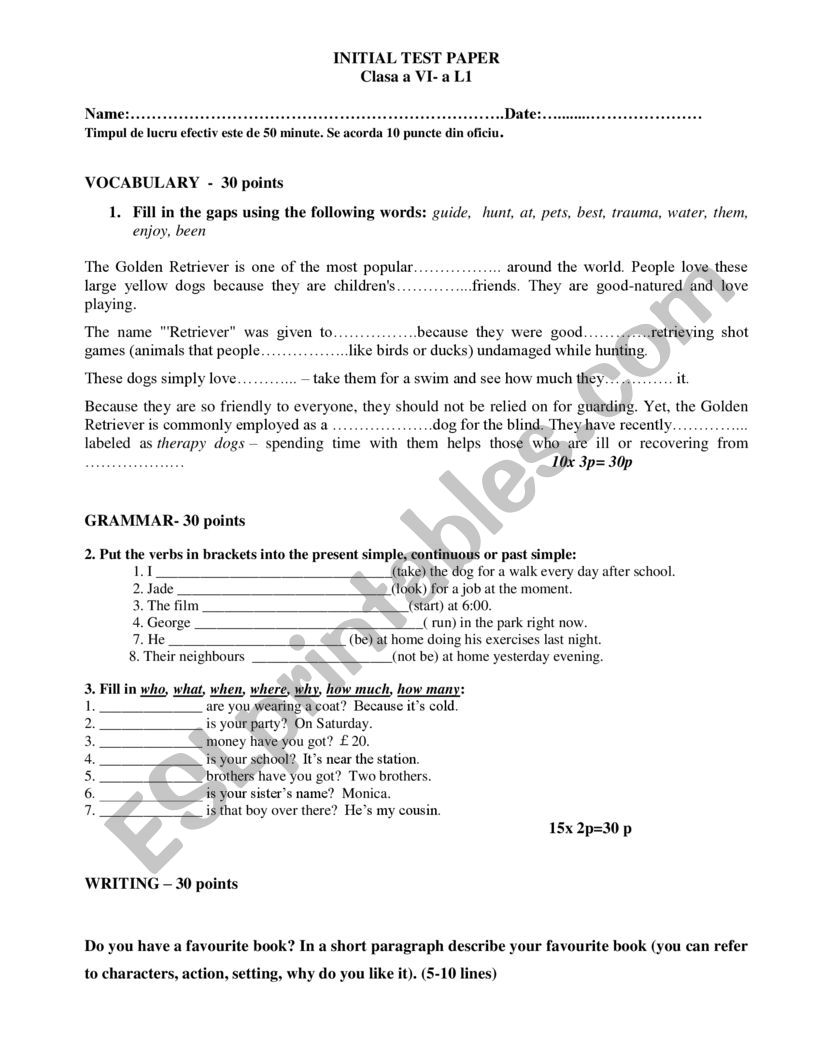 Initial test VI th grade worksheet