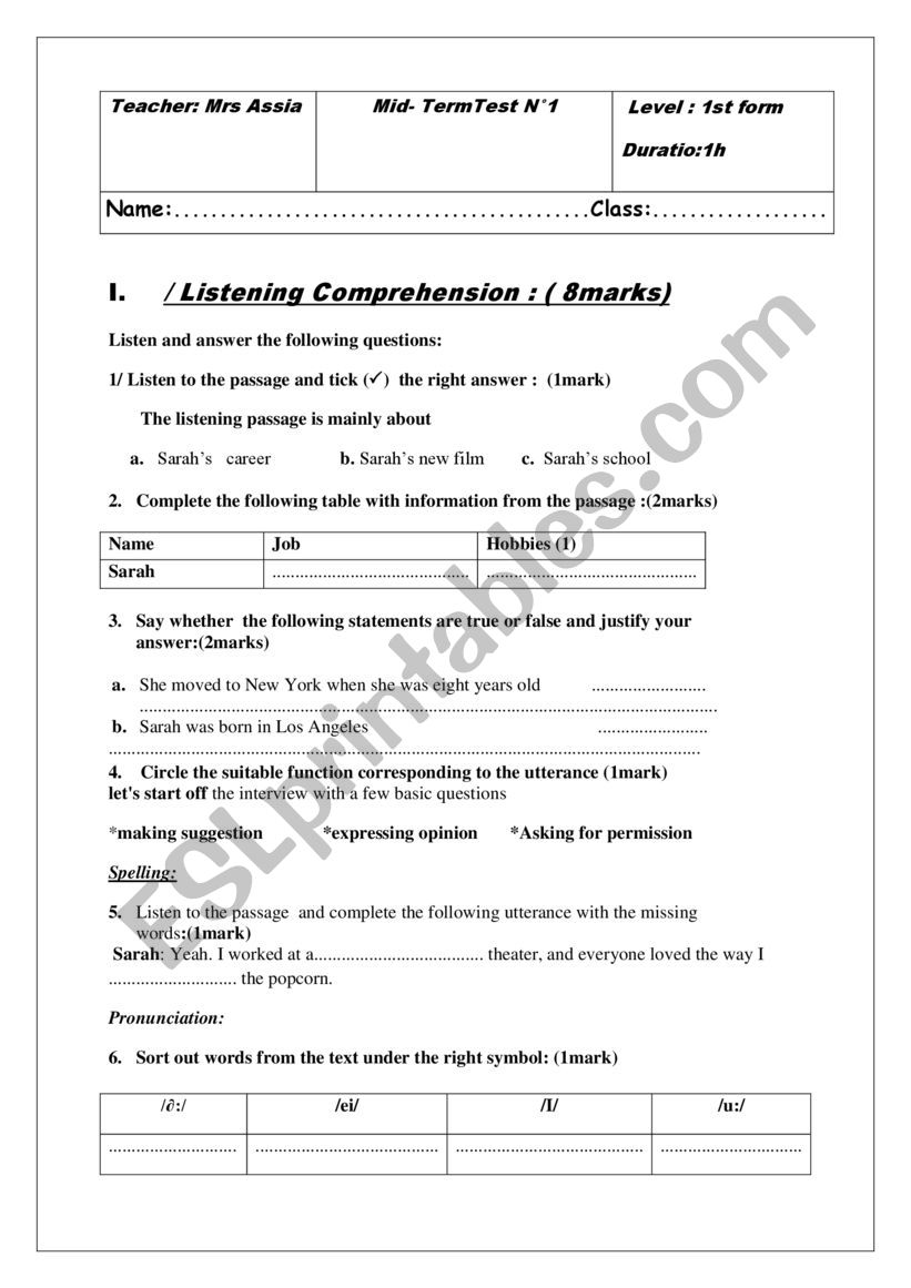 1st form test NÂ°1 worksheet
