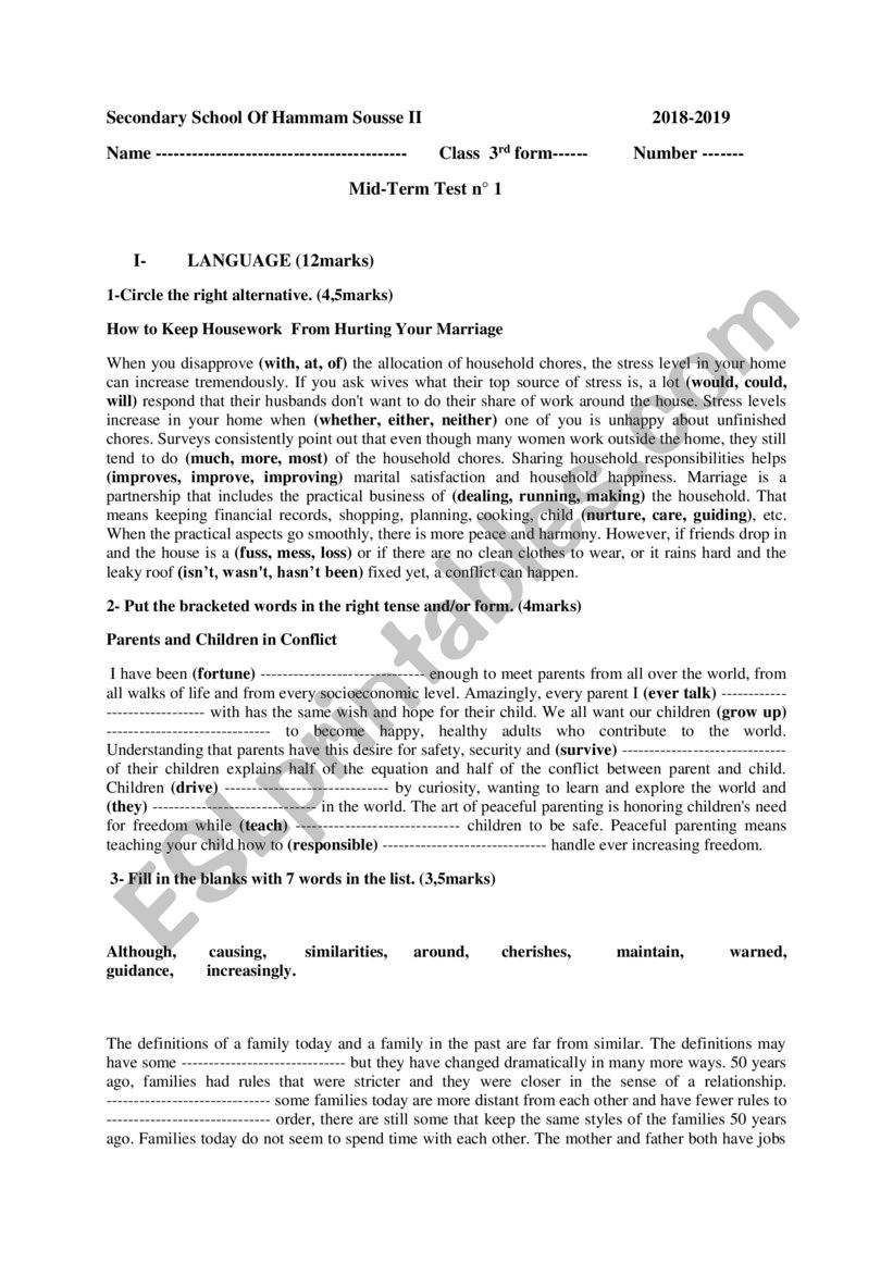 mid term test n1 3rd level worksheet