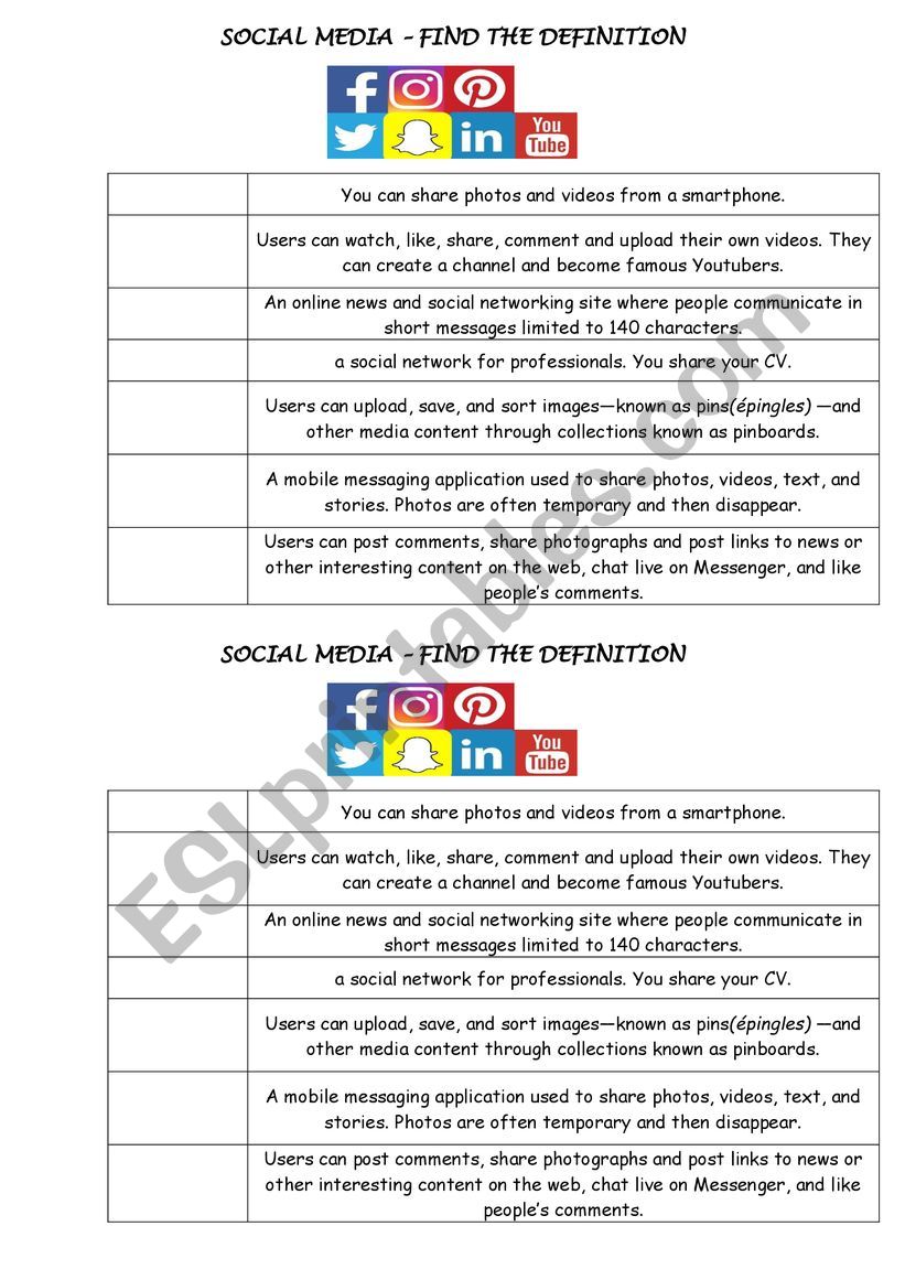 SOCIAL MEDIA - DEFINITION worksheet