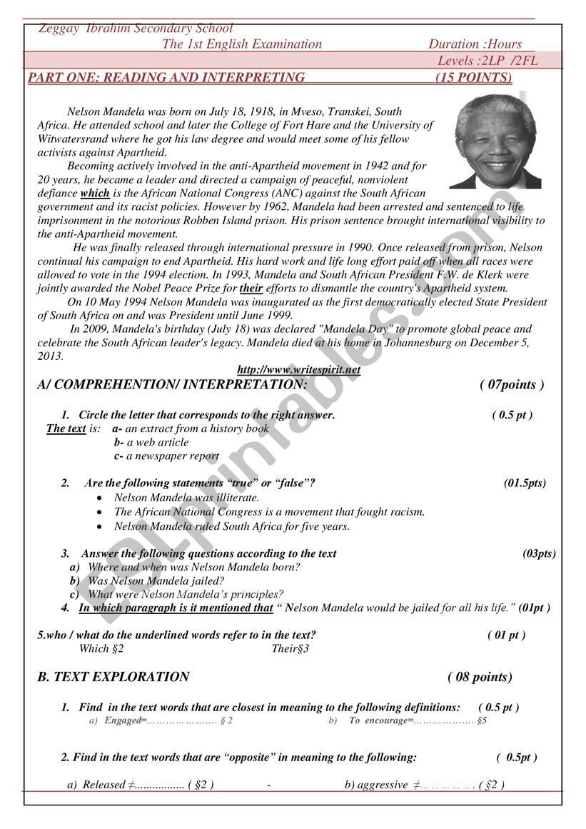 biography of Nelson Mandela worksheet