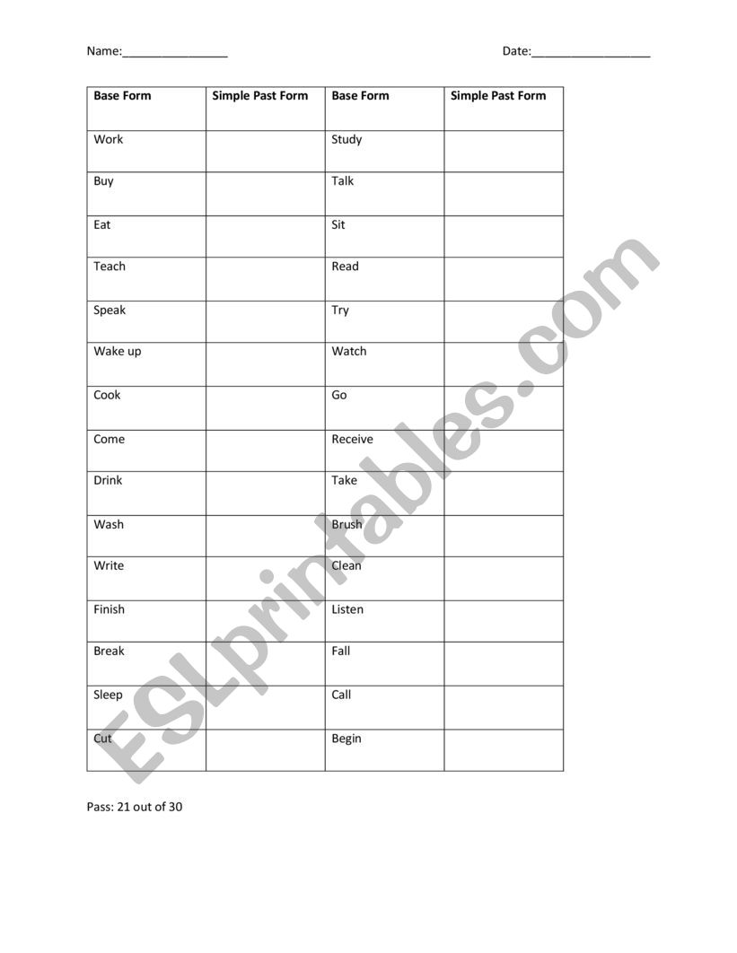 Grammar Irregular Verbs Simple Past Tense