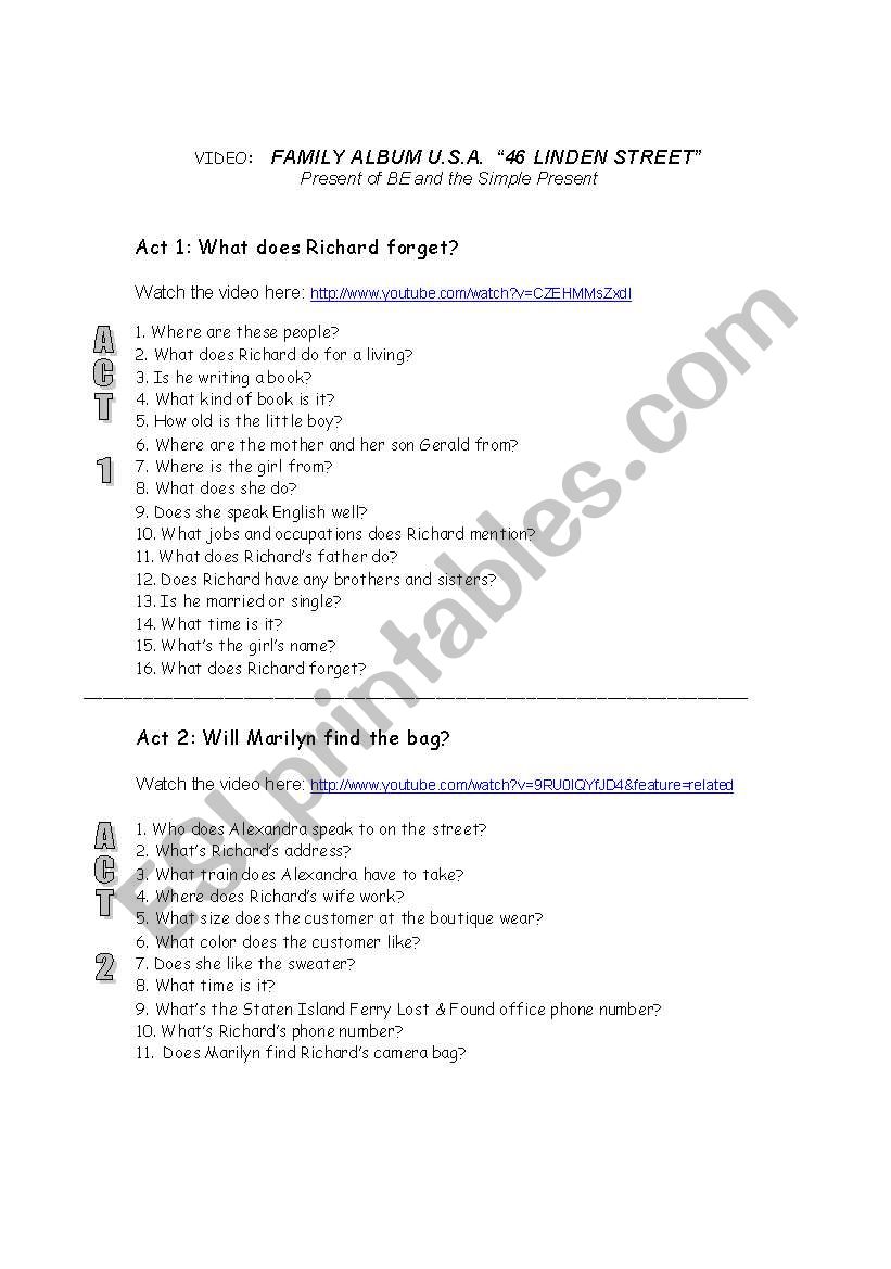 English worksheets Video Activity FAMILY ALBUM U.S.A. Episode 1 46 Linden Street