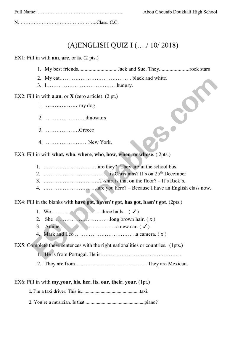 Quiz worksheet