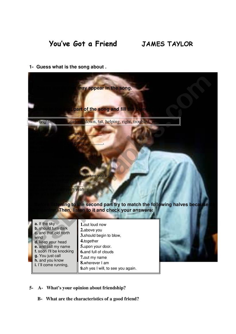 song: youÂ´ve got a friend  worksheet