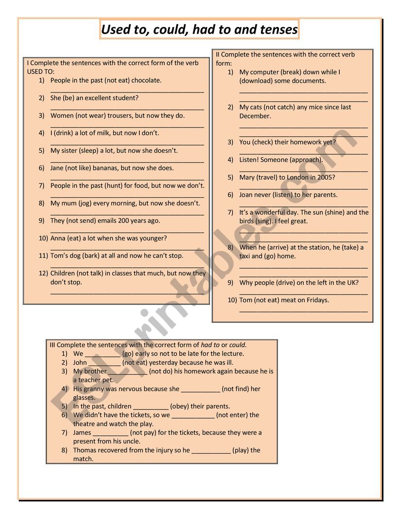 Used to,had to,could, tenses worksheet