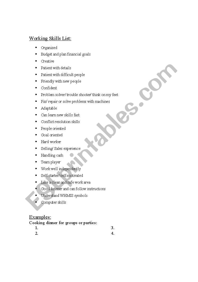 Transferable Skills worksheet