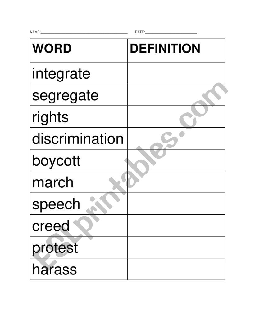 Civil Rights Vocab Worksheet for ESL