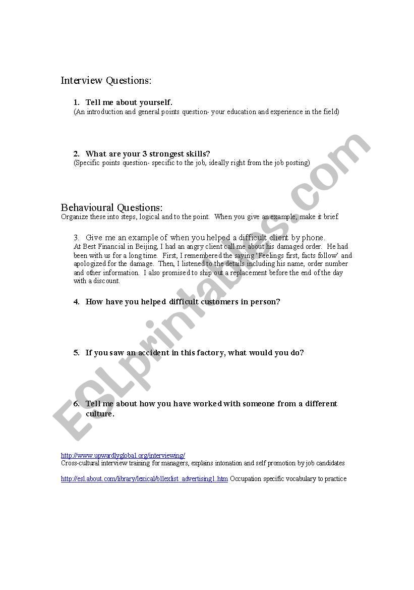 Basic Interview Questions worksheet