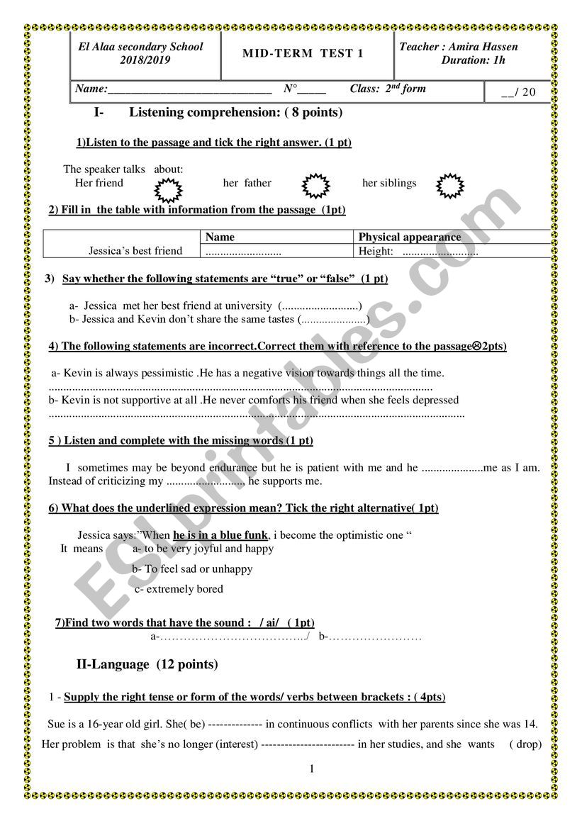 mid-term test 01 worksheet
