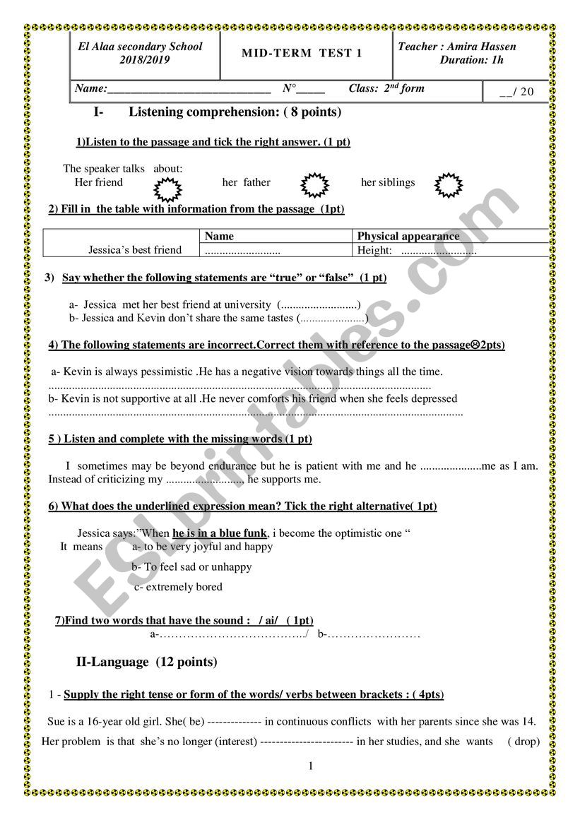 mid-term test 01 worksheet