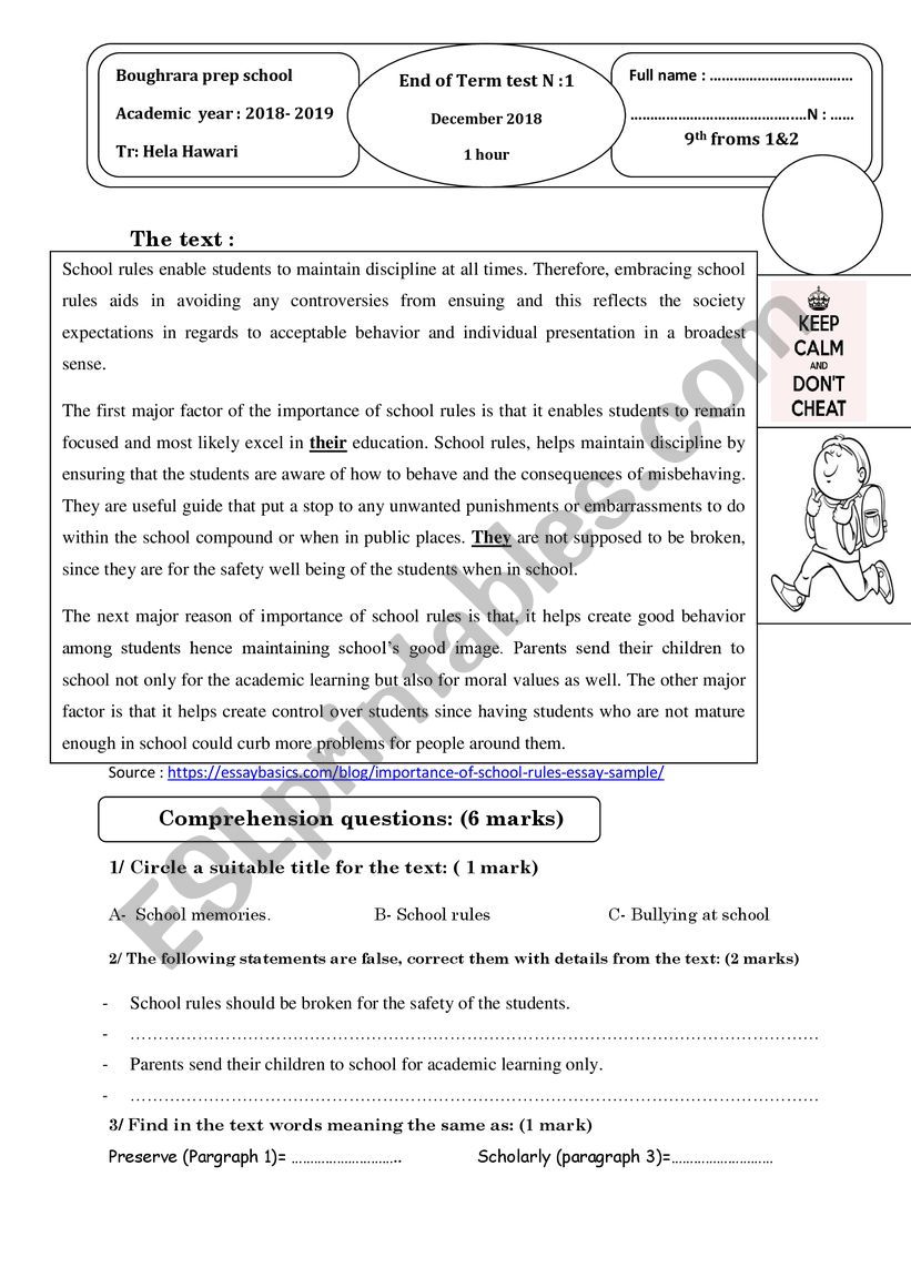Full-Term-test N°1 9th forms worksheet Full-Term-test N°1 9th forms worksheet
