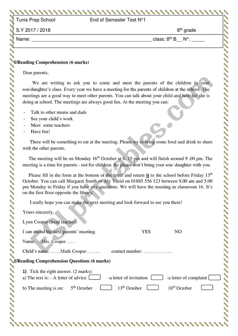 End Of Term Test N1 8th Form worksheet