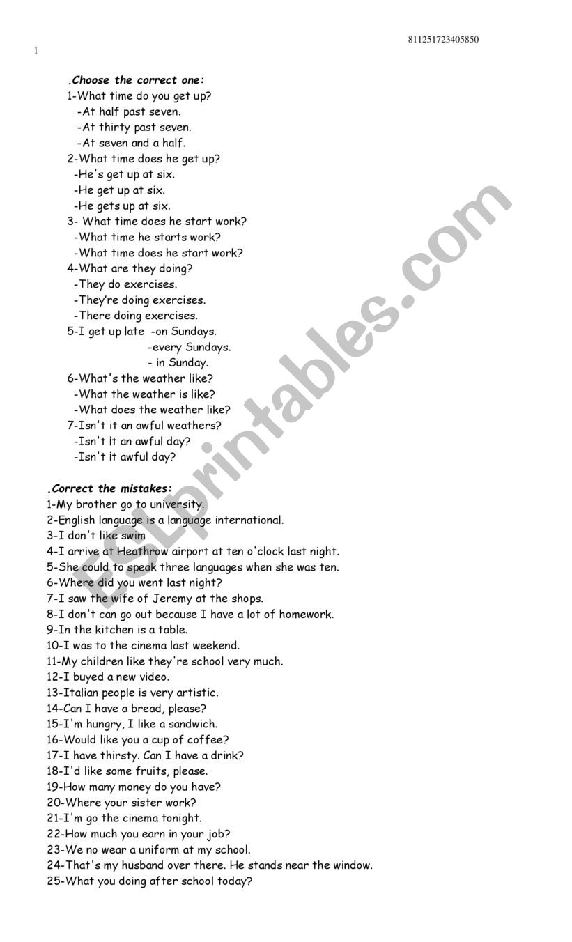 Correct the mistakes worksheet