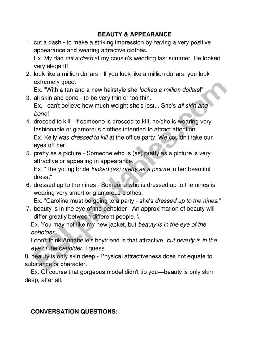 BEAUTY & APPEARANCE worksheet
