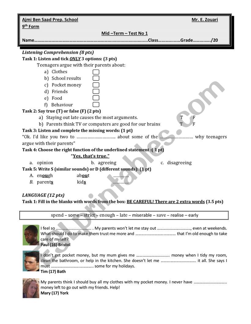 English Mid Term Test 1 worksheet