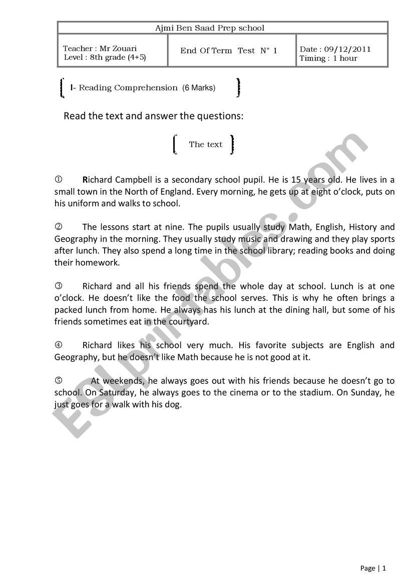 English  Test  worksheet