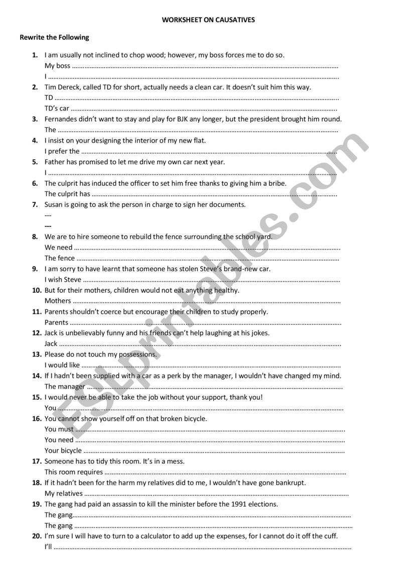 WORKSHEET ON CAUSATIVES worksheet