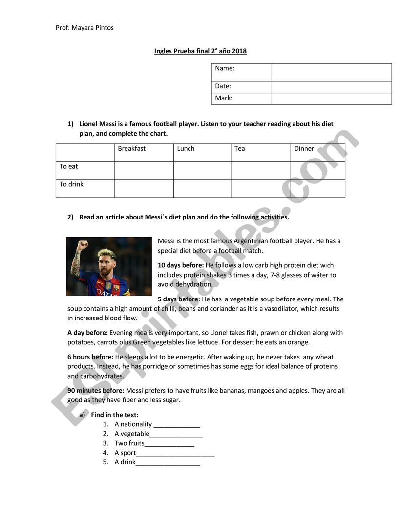 Messi´s diet plan worksheet