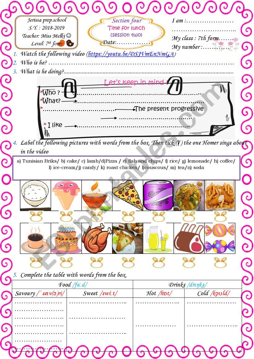 time for lunch  worksheet
