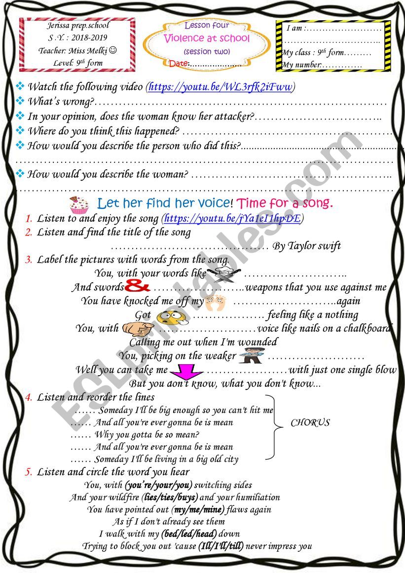 Bullying worksheet