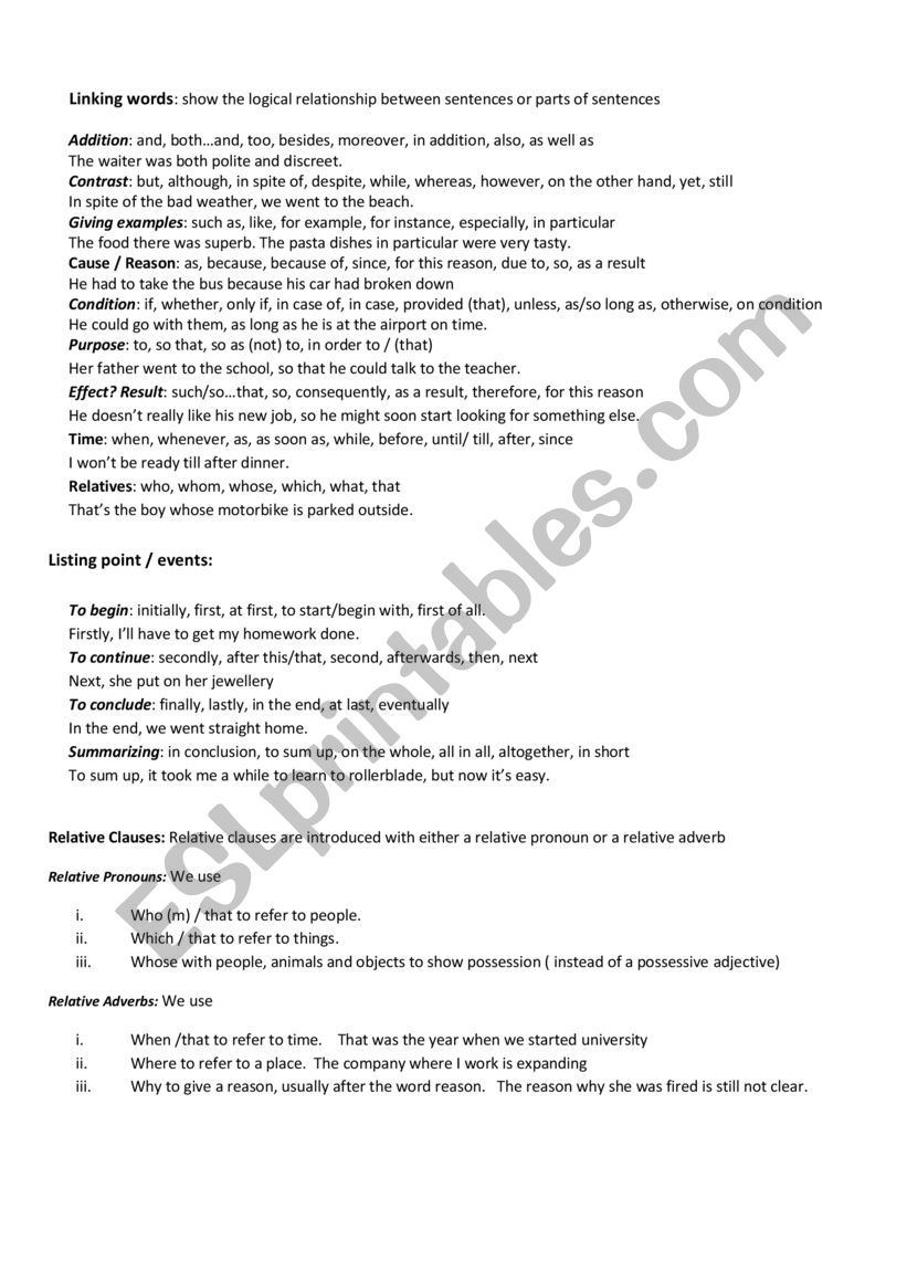 Linking Words and Relatives worksheet