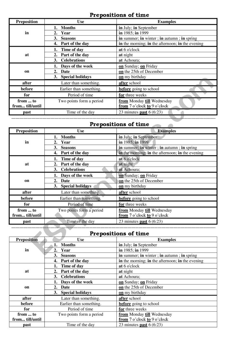 Prepositions of time worksheet