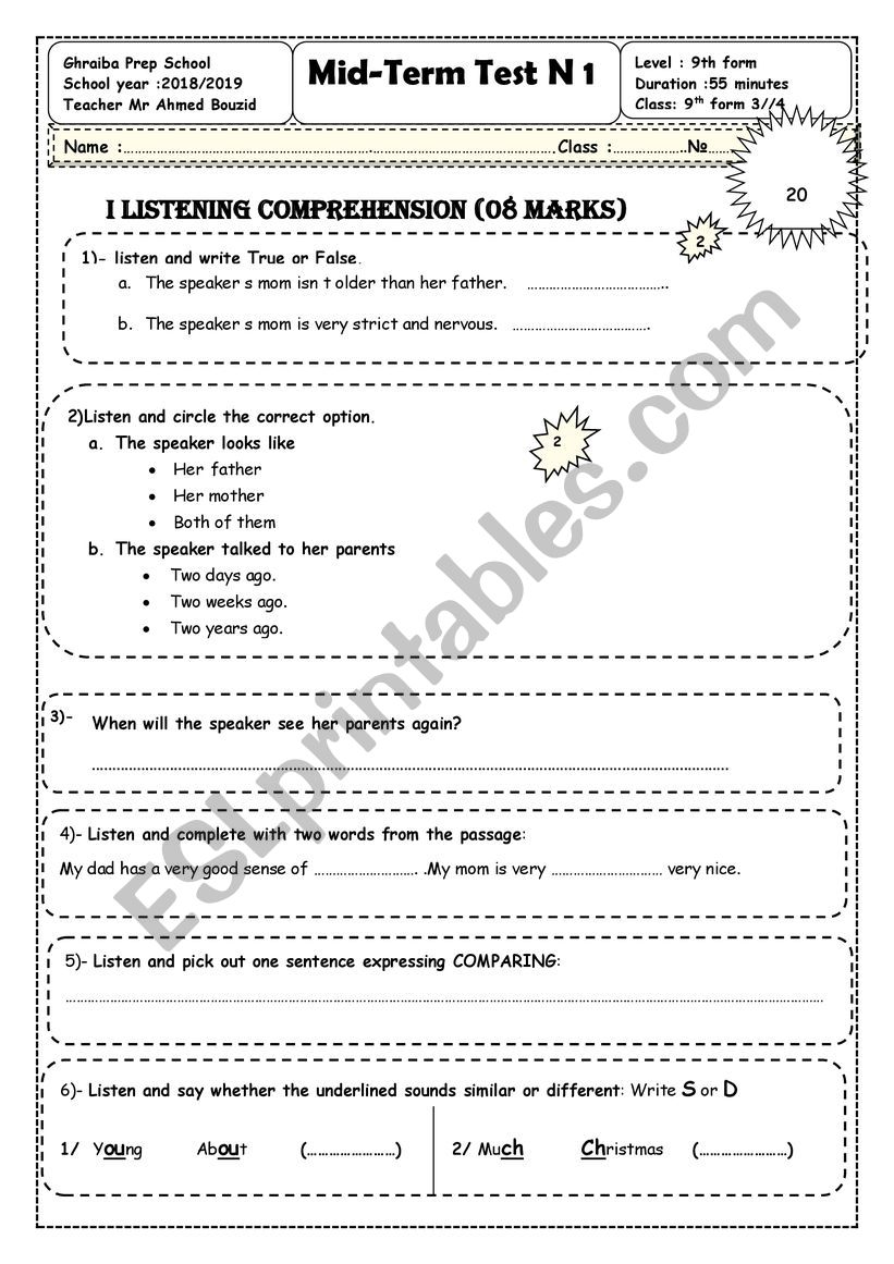 test 9th form worksheet