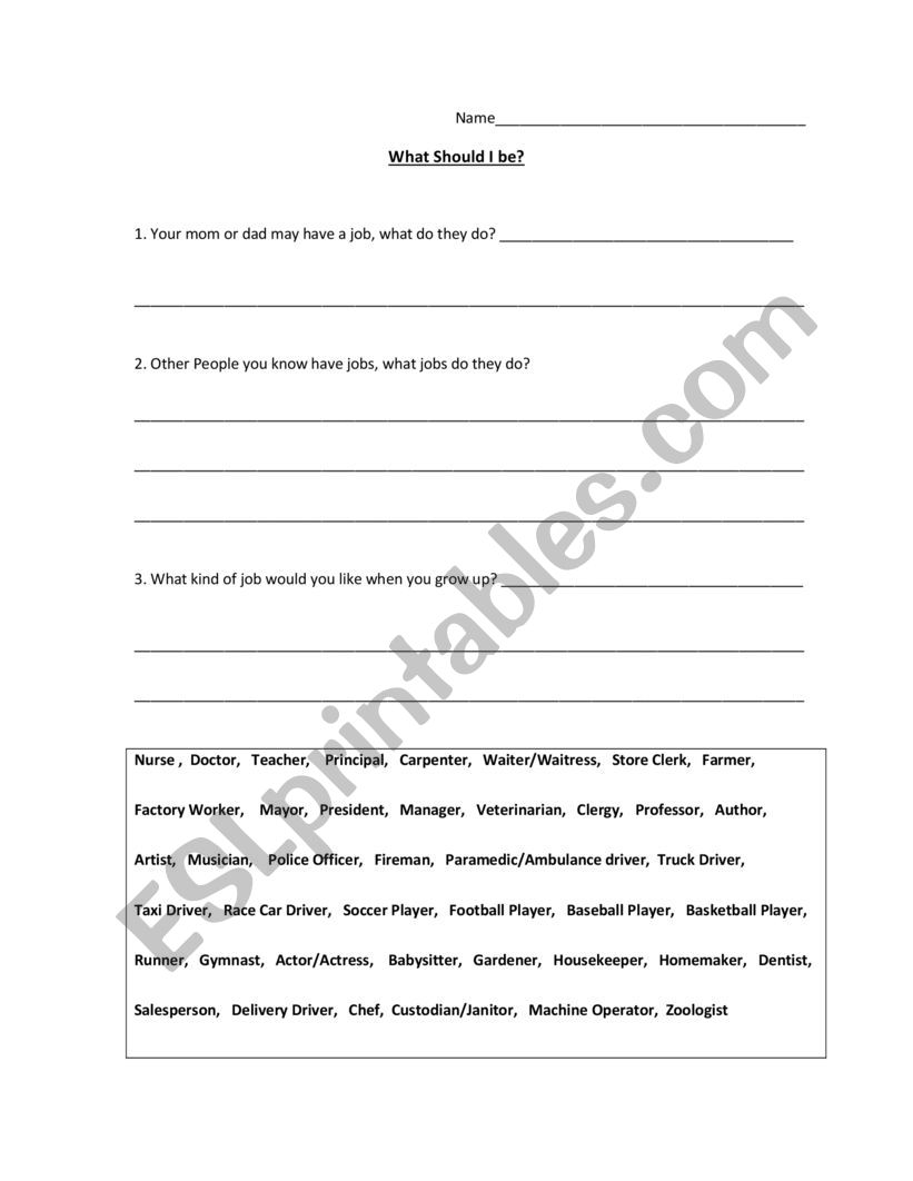 What Should I Be  (Jobs) worksheet