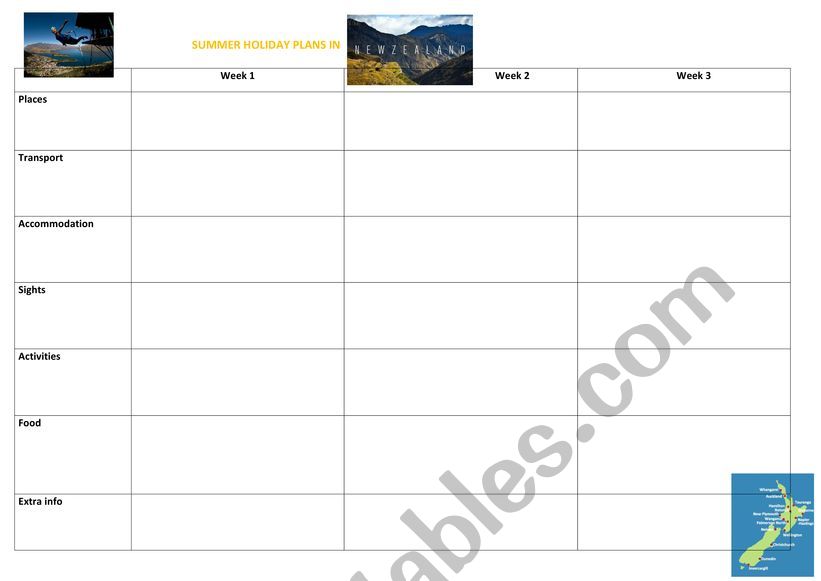 Holiday plans in New Zealand worksheet