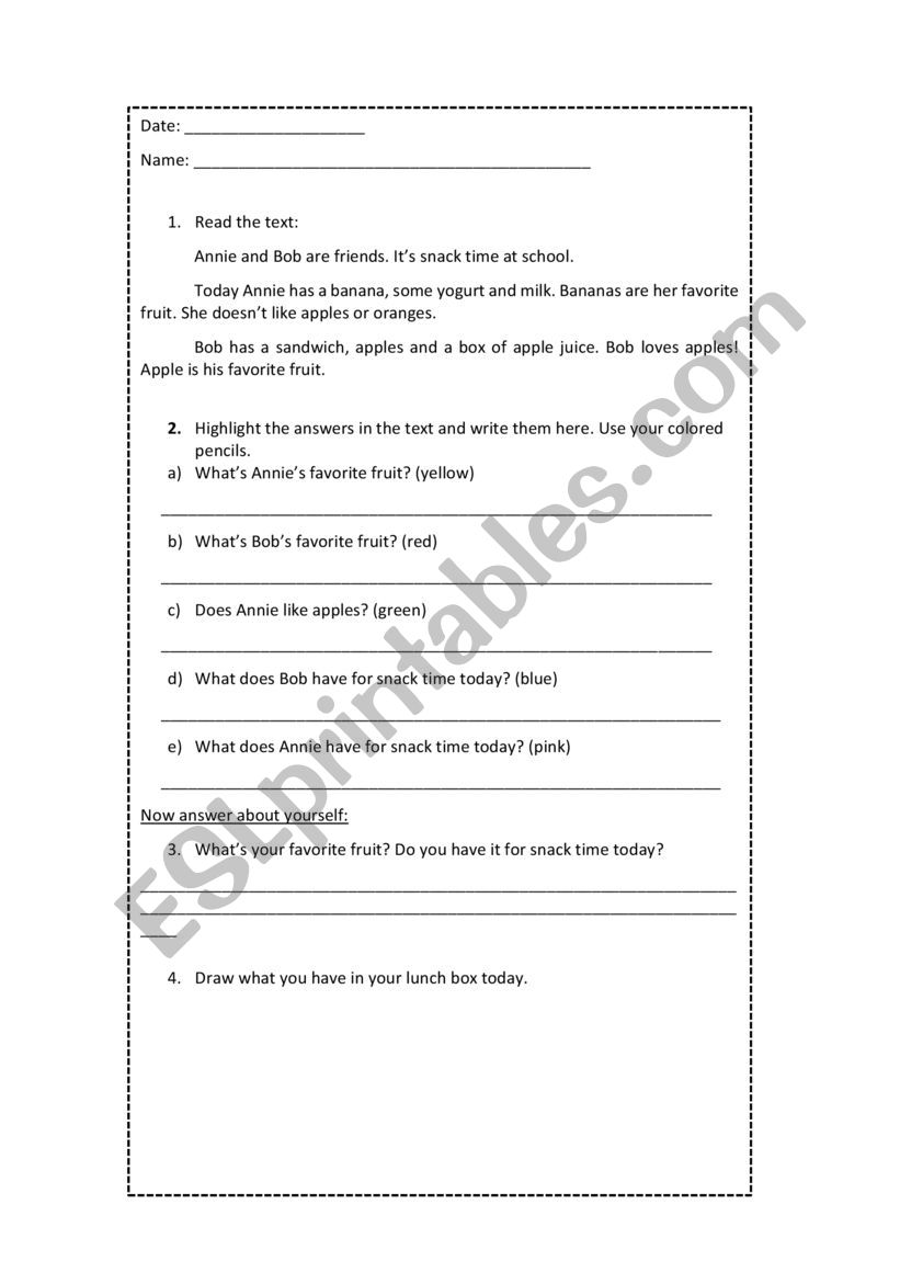 Snack Time Reading Activity worksheet