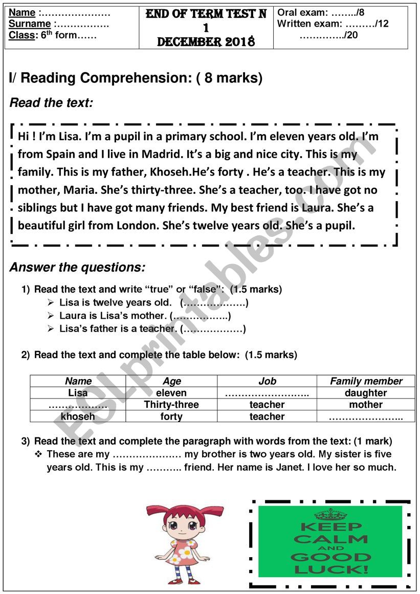 6th form test worksheet